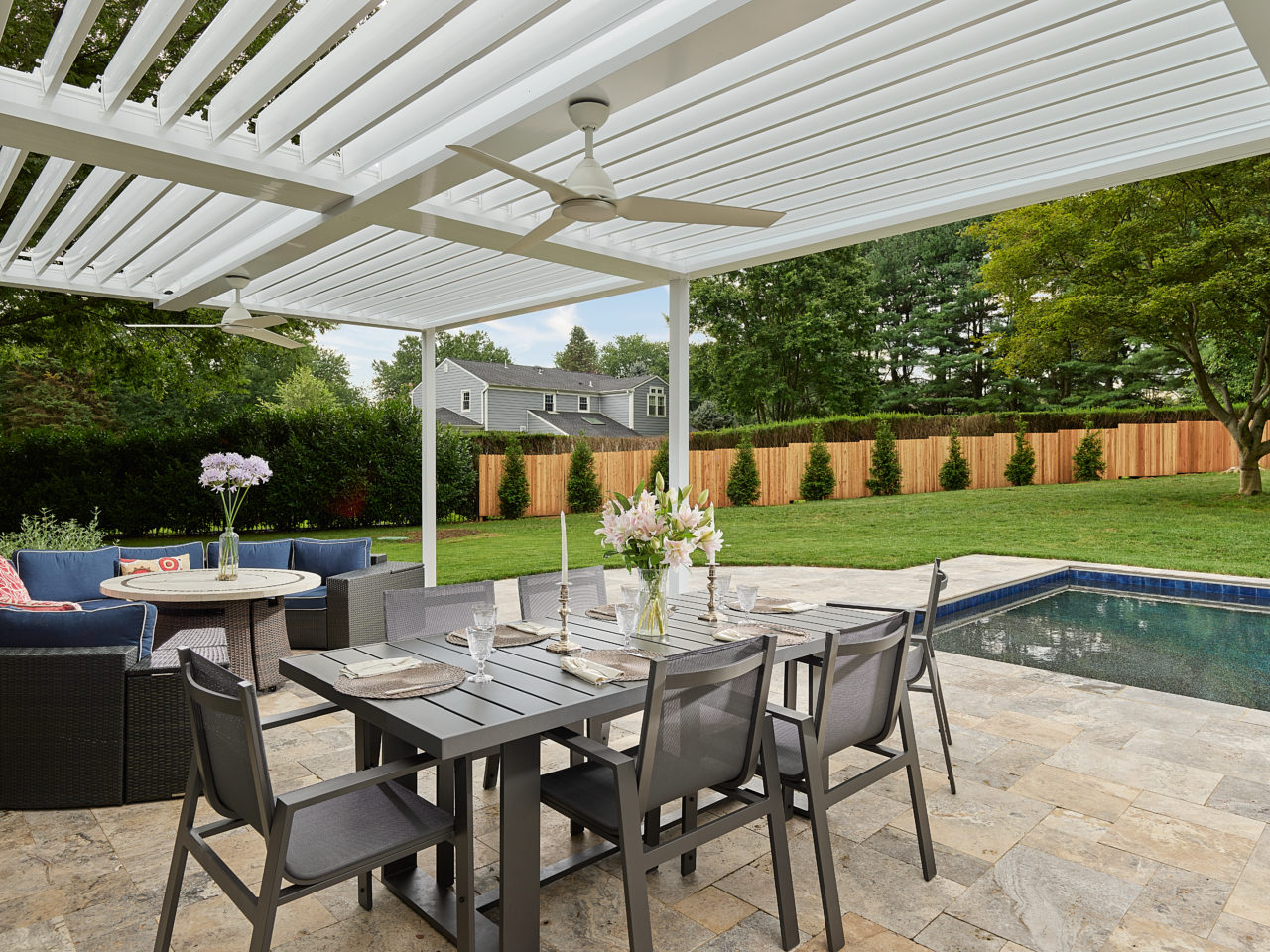 Landscaped backyard and patio and pergola