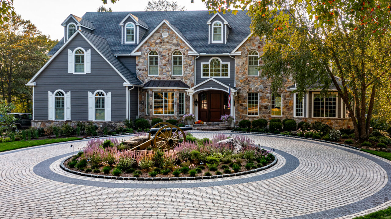 Circular Techo Bloc Driveway, Custom Techo Bloc Pool Deck, Poolside Fire Feature/Water, Built in Swim Spa, Techo Bloc Patio/Walkway
